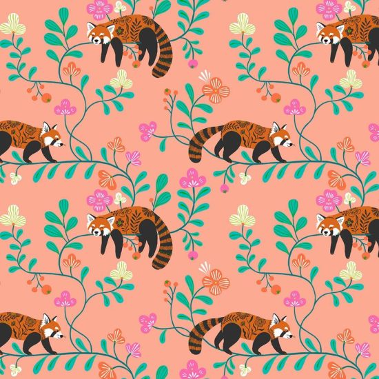 tissu Dashwood Studio blossom days coton imprimé panda roux sur fond oranger