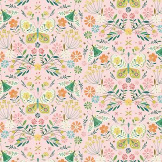 Tissu imprimé dashwood studio hedgerow papillons sur fond rose nude perdus dans la végétation les couleurs sont pastels et claires