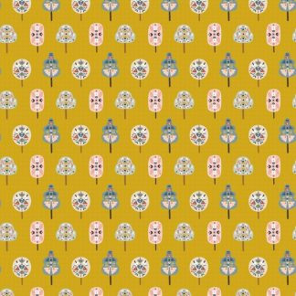 tissu imprimé style scandinave dashwood studio nordiska arbre graphiques pastels sur fond ocrejaune mordoré