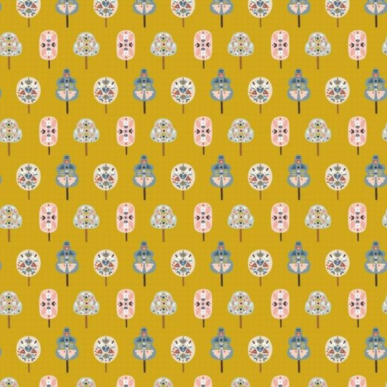 tissu imprimé style scandinave dashwood studio nordiska arbre graphiques pastels sur fond ocrejaune mordoré