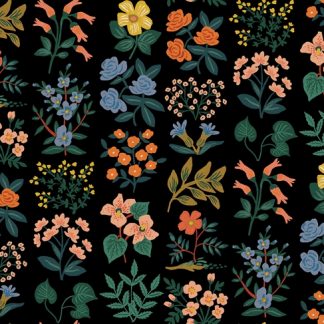 tissu épais lin coton Meadow Canvas Rifle Paper Co imprimé foral couleurs petillantes et délicates comme un herbier de fleurs séchées, fond noir avec des fleurs champêtres en ligne bleuet jaune saumon orange