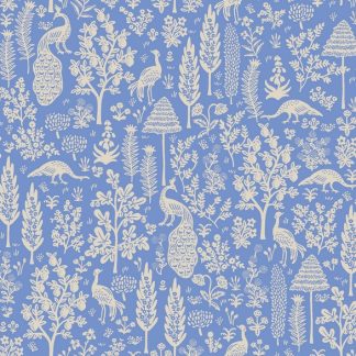 tissu imprimé camont paons rifle paper co bicolore fond bleu lavande motif beige clair