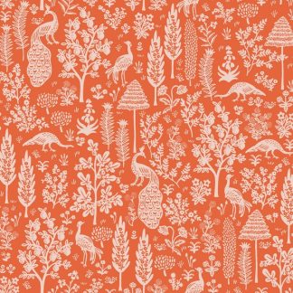 tissu imprimé camont paons rifle paper co bicolore fond orange abricot motif paon et arbres beige clair