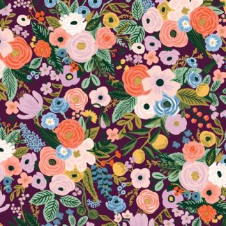 tissu coton imprimé floral Rifle Paper Co Orchard fleurs pastels fond prune