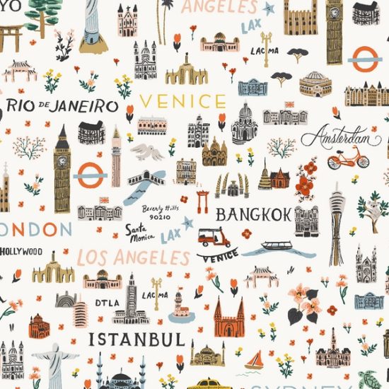 tissu coton rifle paper co imprimé Bon voyage tous les monuments des plus grandes villes au monde graphique couleurs beige gris sur fond blanc