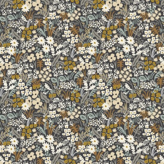 tissu coton imprimé meadow rifle paper co mini motif fleurs bronze or métallisé gris beige mordoré