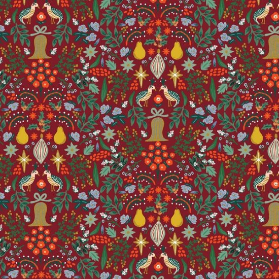 tissu coton imprimé décor de noël rifle paper co fond rouge motif métallisé or cloche gui houx feuillage