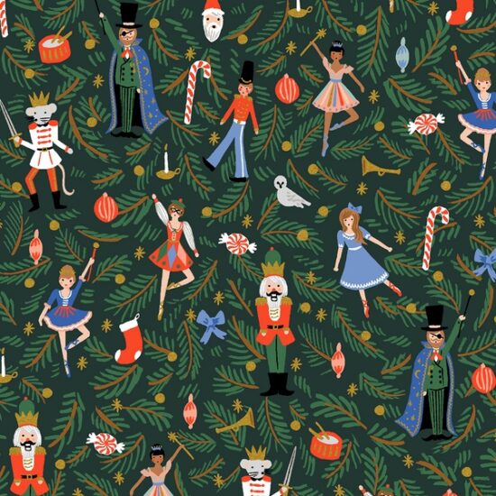 tissu coton imprimé noël rifle paper co fond vert sapin motif casse noisette ballerine noel