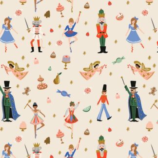 tissu coton imprimé noël rifle paper co fond blanc crème motifs colorés casse noisette ballerine noel