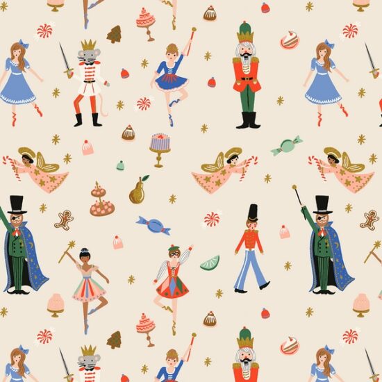 tissu coton imprimé noël rifle paper co fond blanc crème motifs colorés casse noisette ballerine noel