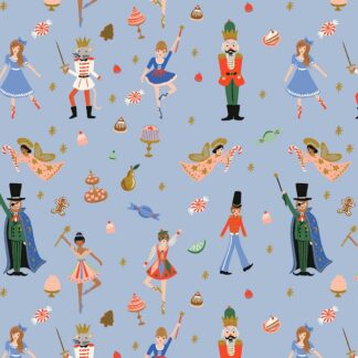 tissu coton imprimé noël rifle paper co fond bleu lavande motifs colorés casse noisette ballerine noel