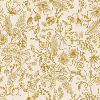 tissu coton imprimé holiday classics rifle paper co fond blanc crème motif floral doré métallisé