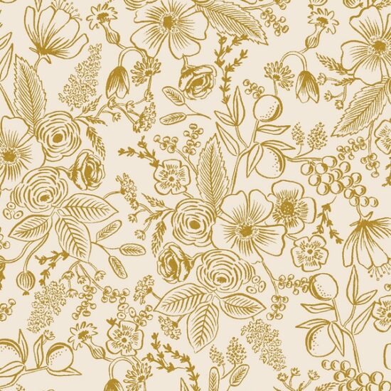 tissu coton imprimé holiday classics rifle paper co fond blanc crème motif floral doré métallisé