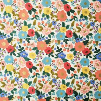 Tissu imprimé coton Rifle Paper Co Vintage Garden fleurs multicolores bleues rouge corail jaune feuillage vert éclats or métallisé