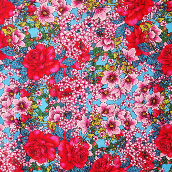 Tissu imprimé coton Sous la pergola collection le langage des fleurs par Odile Bailloeul floral intense joyeux coloré rouge rose bleu ciel